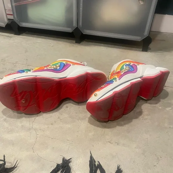 Christian Louboutin White Slip-On Sneakers with Rainbow Embroidery & Gold Studs - Picture 5 of 5